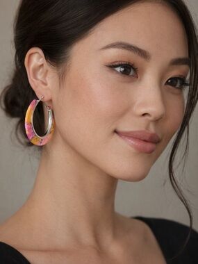 5/25 ✨✨ Floral Pink & Yellow Hoop Earrings